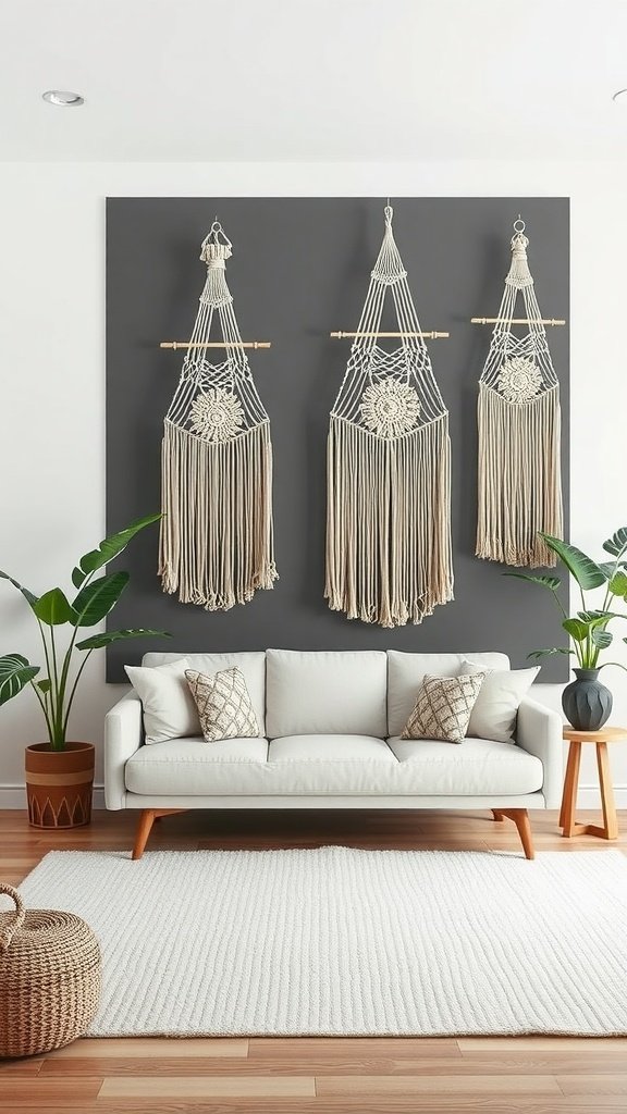 Cozy living room featuring macrame wall hangings, a light sofa, and plants.