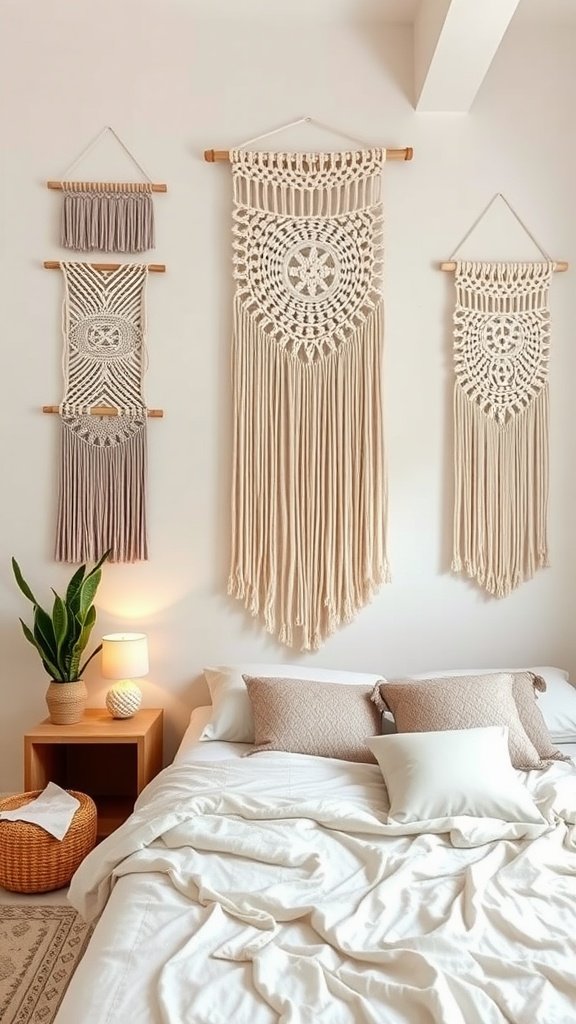 Macrame wall hangings in a cozy bedroom with a bed and plant