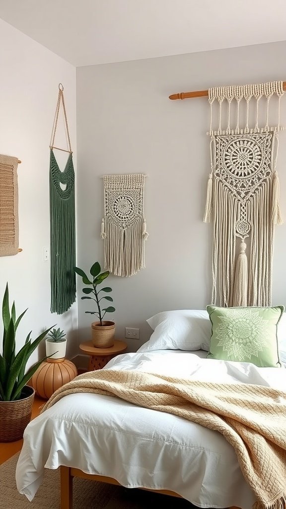 A cozy bedroom featuring sage green macrame wall hangings, plants, and soft bedding.
