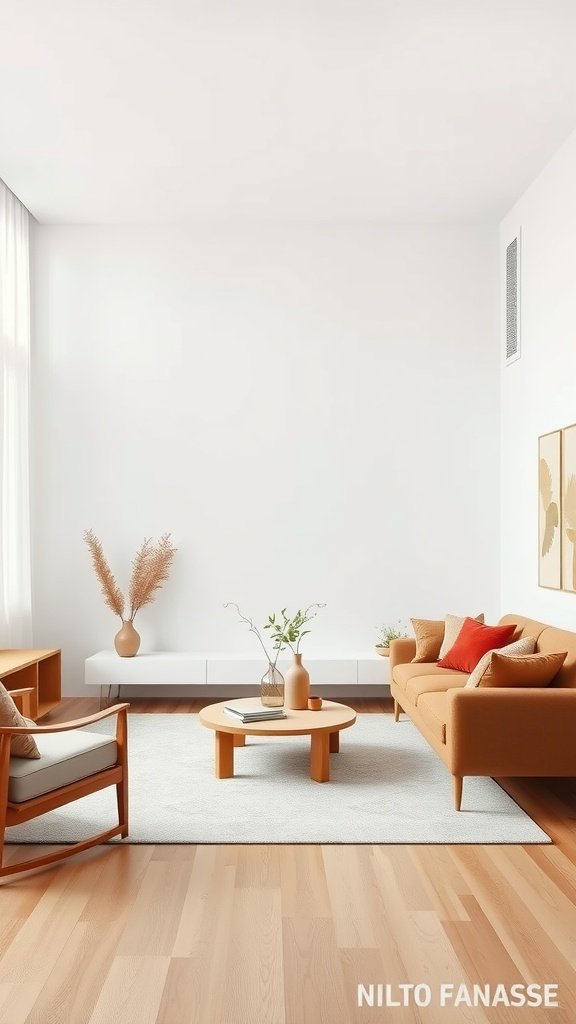 A minimalist living room featuring brown accents, with a comfortable couch, coffee table, and decorative plants.