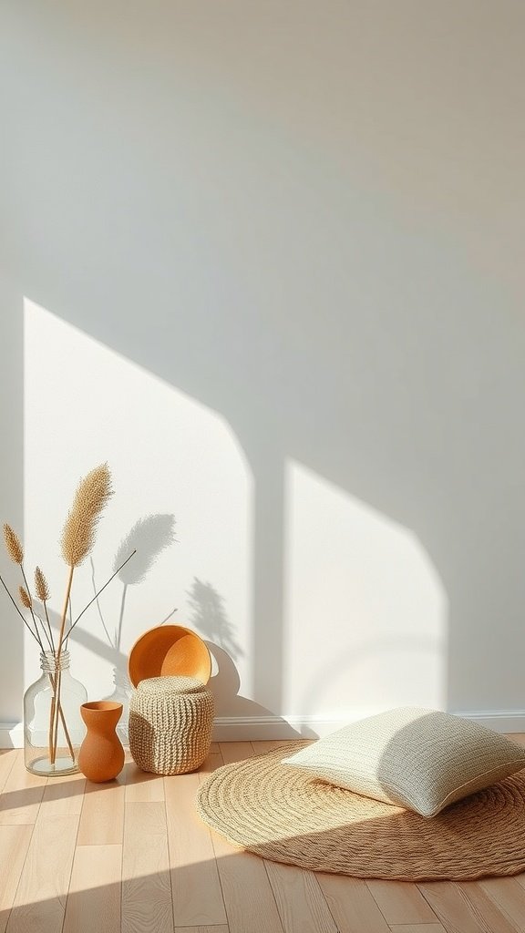 A serene minimalist corner featuring natural decor elements like a pillow, a round rug, and decorative vases with dried plants.