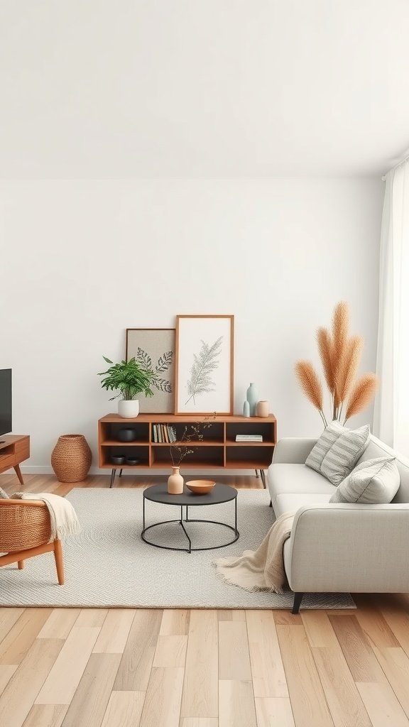 A minimalist earthy living room with a light color palette, natural decorations, and simple furniture.