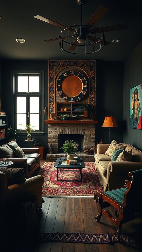 A dark boho living room featuring mismatched furniture pieces, including a leather couch, a wooden chair, and a patterned rug.