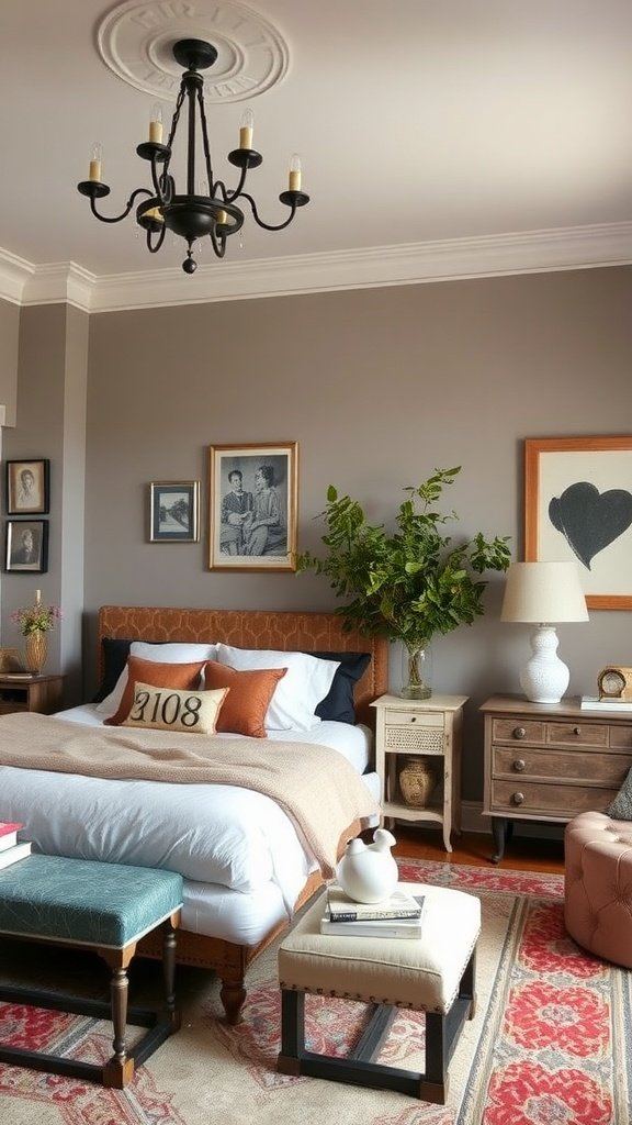 A stylish bedroom featuring a mix of vintage and modern decor elements, including a cozy bed, artwork, and plants.