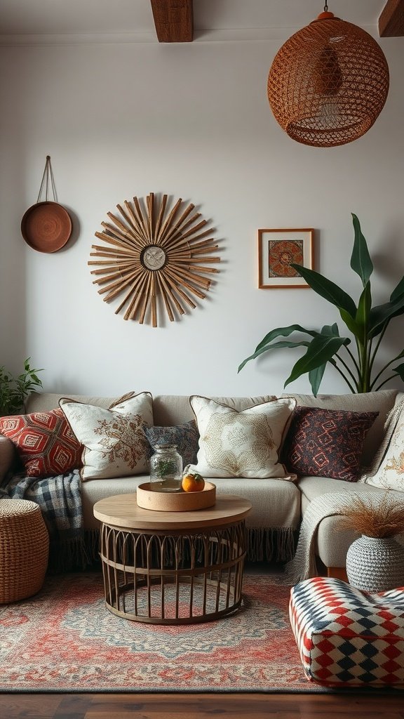 A cozy boho living room with patterned cushions, a wooden coffee table, and plants.