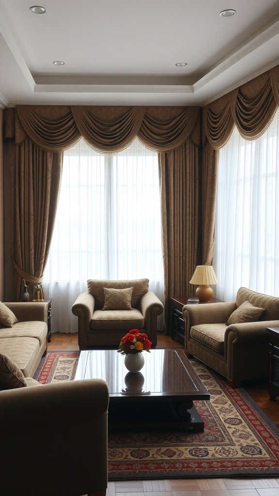 A cozy living room featuring brown textiles, including curtains and sofas, with a wooden coffee table and decorative flowers.