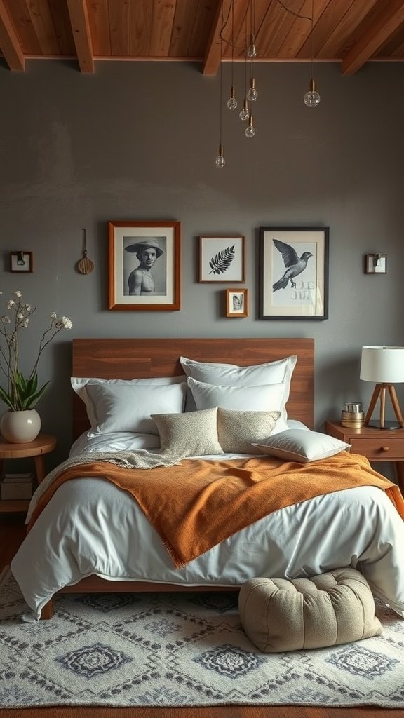 A stylish bedroom featuring a wooden bed, layered bedding, an orange throw blanket, and framed artwork.