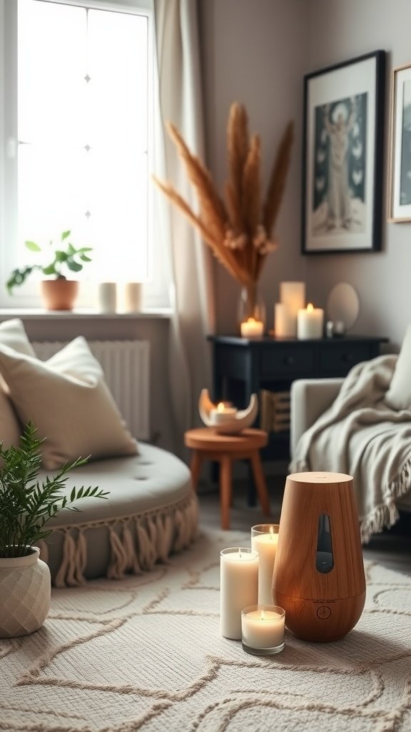 A cozy boho living room with a diffuser and candles for aromatherapy.