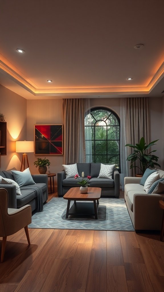 A cozy living room with warm lighting and plants.