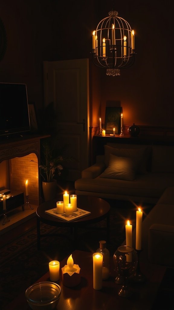 A beautifully lit living room with various candles creating a warm atmosphere.