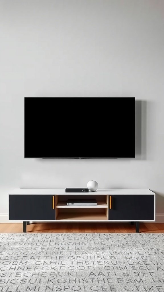 A modern media console with a TV mounted above it, featuring storage and a clean design.