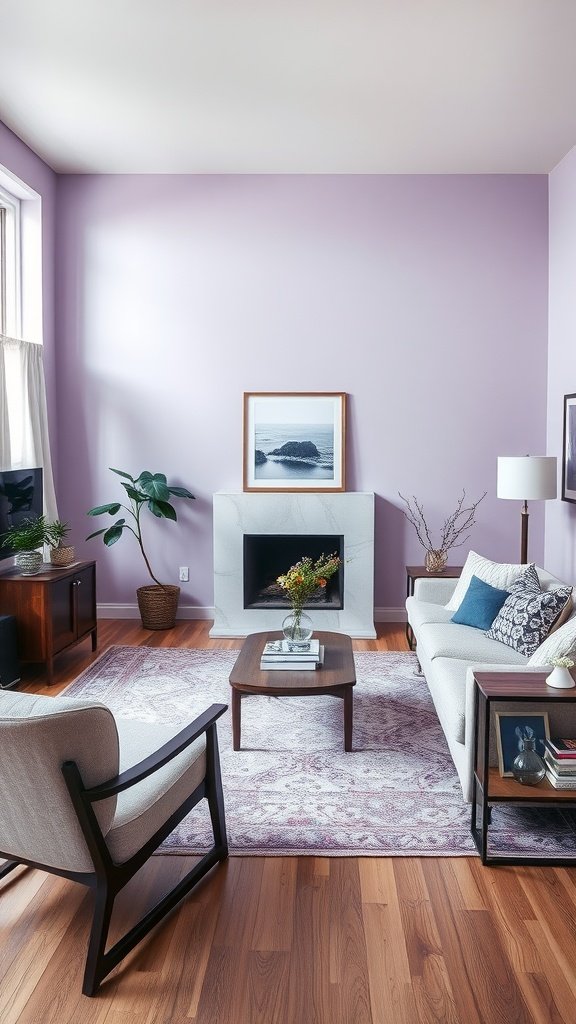 Living room featuring muted lavender walls and dark wood furnishings.