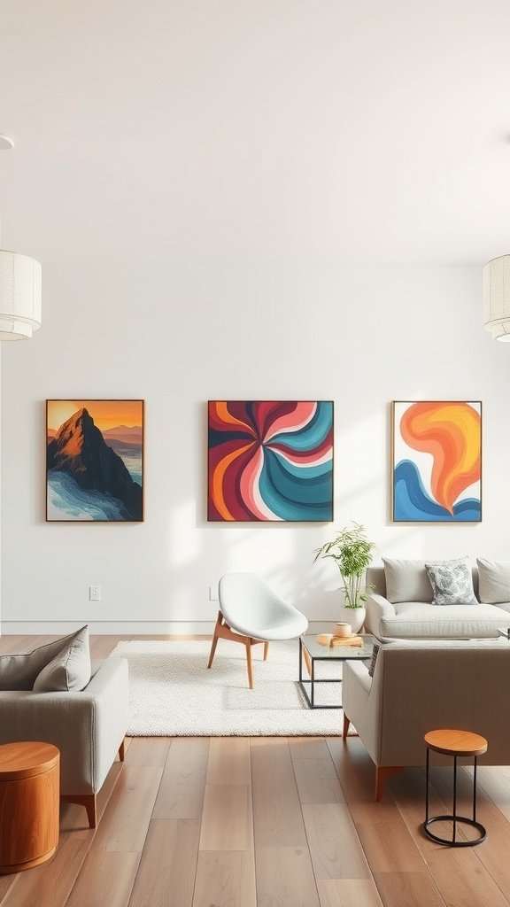 A modern living room featuring muted neutral furniture and vibrant artwork on the walls.