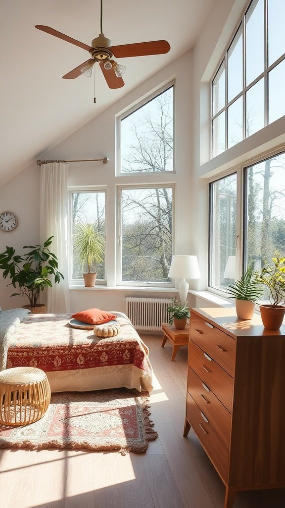 Bright and airy boho mid-century modern bedroom with large windows and natural light.