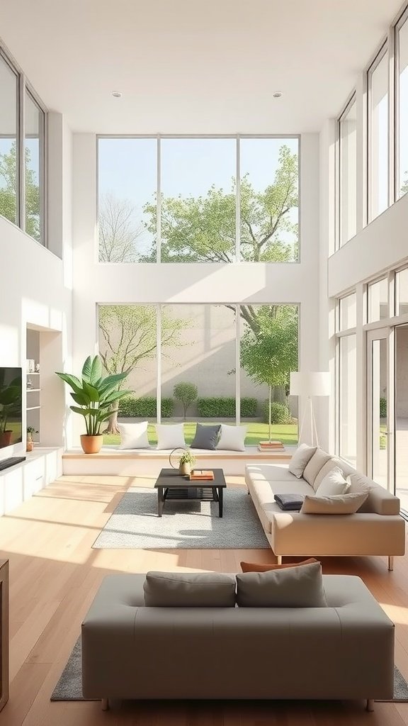 Bright and airy boho living room with large windows and natural light.