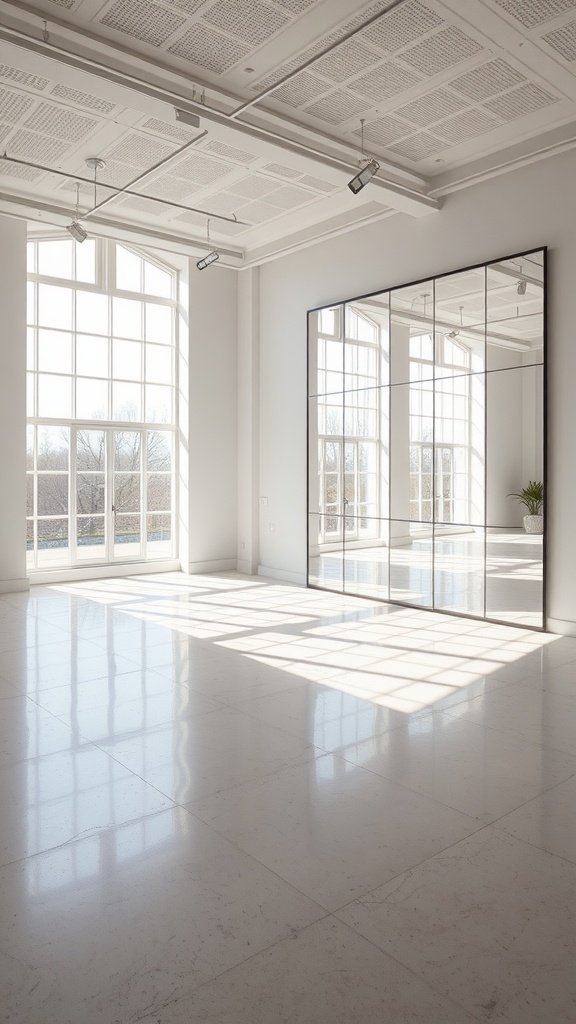 Bright room with large windows and mirrors reflecting natural light.