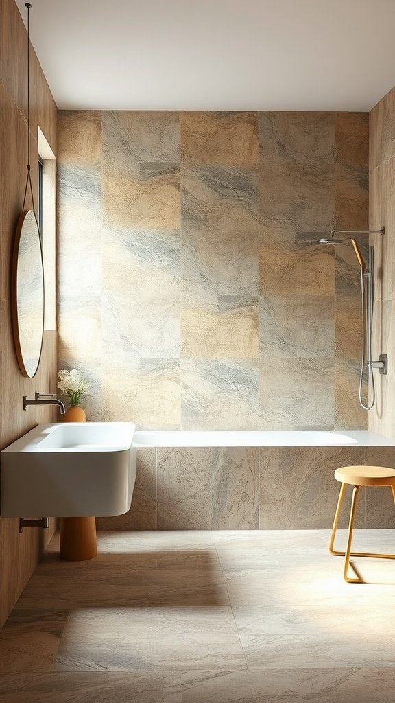 A modern bathroom featuring natural stone walls and a white tub.