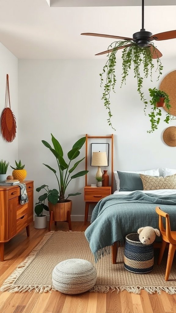 A cozy mid-century modern bedroom featuring wooden furniture, plants, and earthy tones.