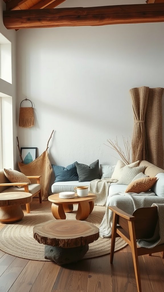 A cozy living room featuring natural textures and earthy colors.