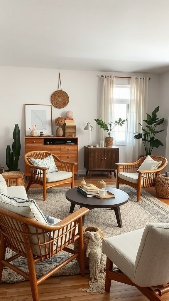 A cozy boho mid-century modern living room showcasing natural textures and materials.