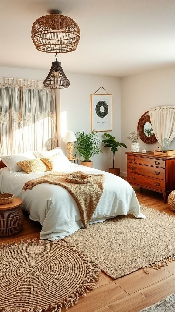 A cozy boho bedroom featuring natural textures, warm lighting, and inviting textiles.
