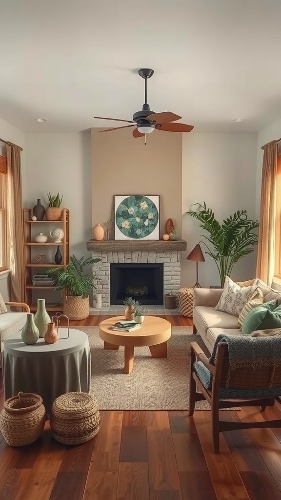 A cozy living room featuring earthy tones, natural textures, plants, and minimalist furniture.
