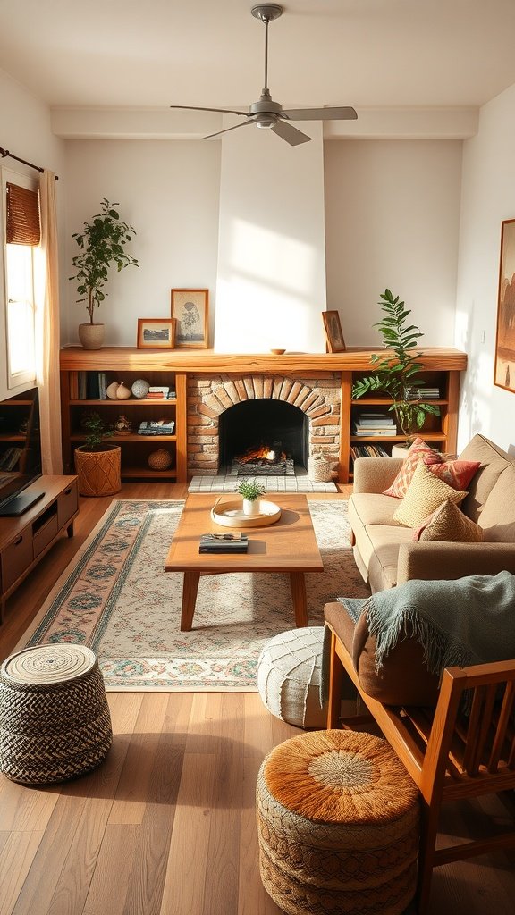 A cozy living room featuring natural wood accents in furniture and decor.
