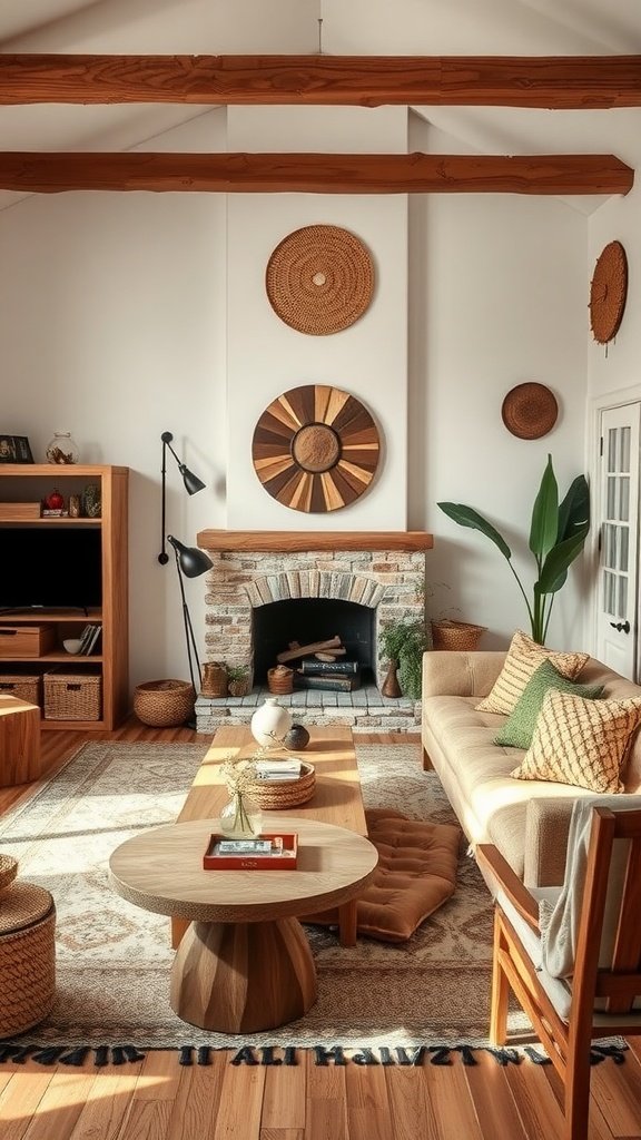 A cozy boho living room with natural wood accents, featuring wooden beams, light wood furniture, and woven decor.