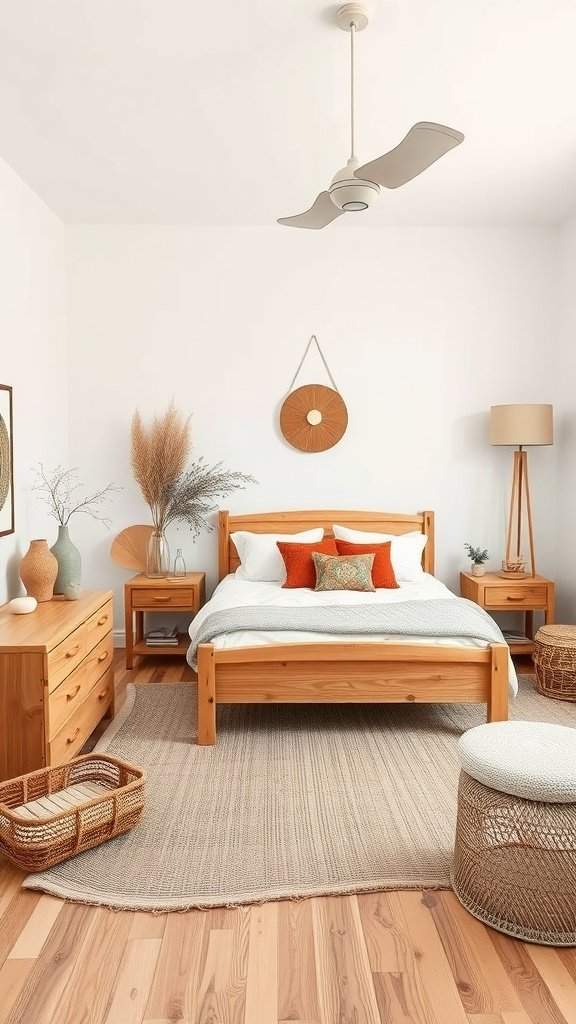 A cozy boho bedroom featuring natural wood furniture and warm accents.