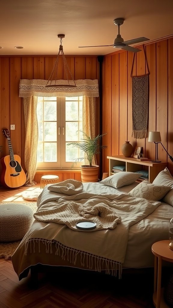 A cozy boho bedroom featuring wooden accents, soft textures, and warm lighting.