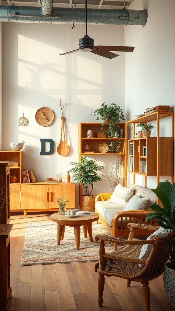 A cozy living room with wooden furniture, plants, and natural light.