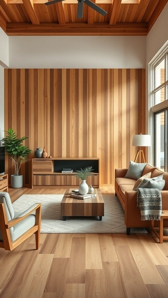 A stylish living room featuring natural wood finishes, showcasing wooden walls, flooring, and furniture.