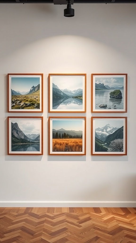 A wall displaying six framed landscape photographs showcasing mountains, lakes, and fields.
