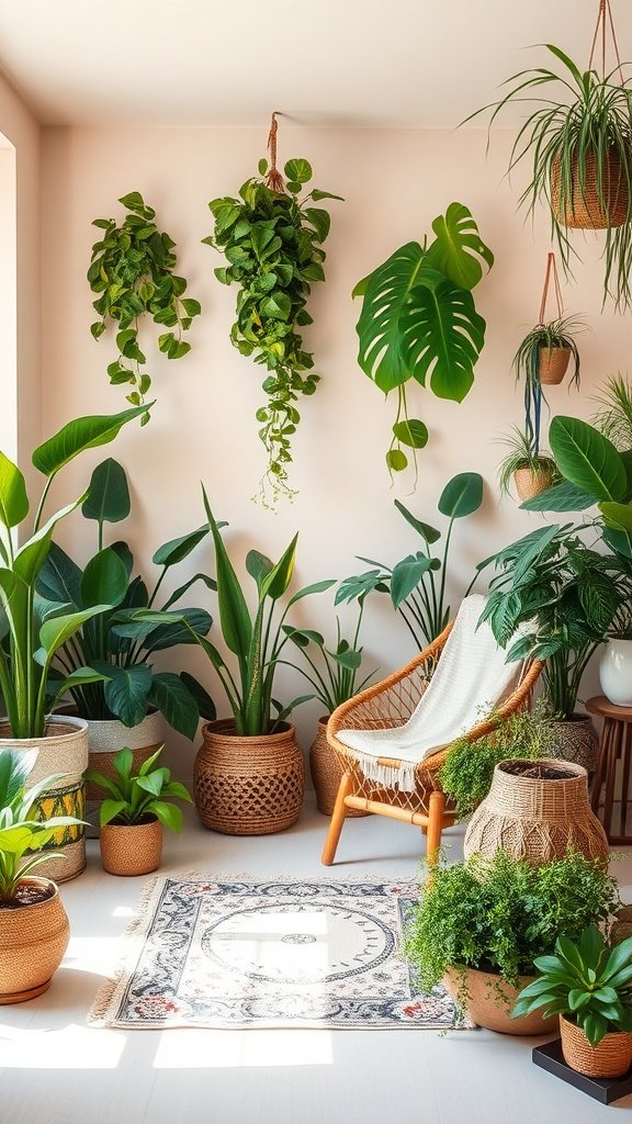 A cozy boho-inspired bedroom corner filled with various indoor plants and a comfortable chair.