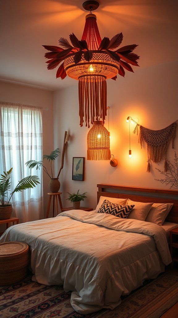A bohemian-style bedroom featuring a nature-inspired chandelier and warm lighting