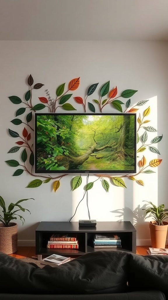 TV framed by colorful leaf decor on a wall, with plants in the foreground.