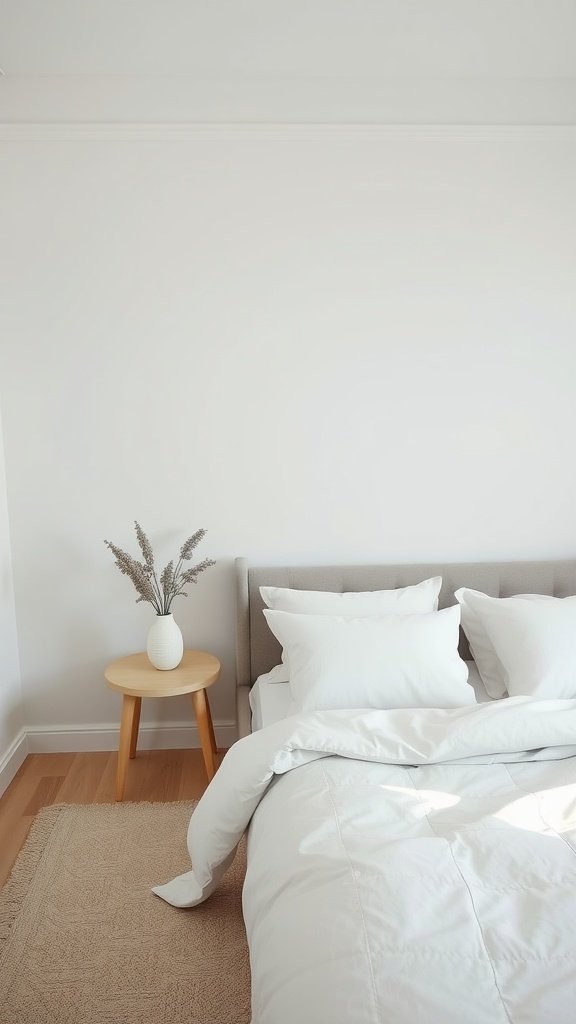 A serene bedroom featuring neutral color palettes with a cozy bed, a simple side table, and a rug.