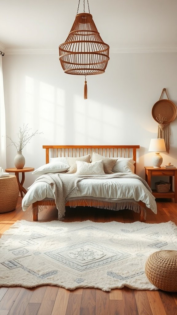 A calming Japanese boho bedroom featuring neutral colors and natural textures.