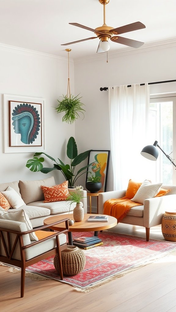 A cozy living room featuring neutral colors complemented by vibrant decor.