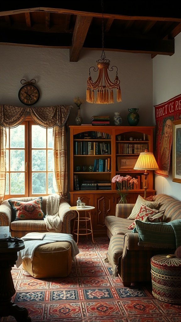 A cozy bohemian living room featuring vintage textiles, warm lighting, and a charming arrangement.