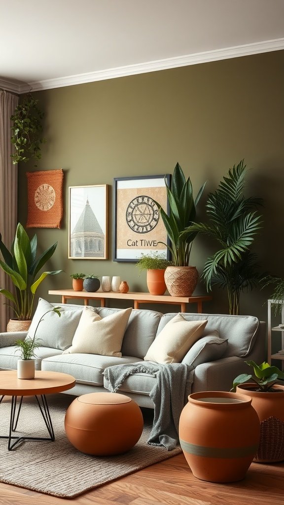 A modern living room with olive green walls and clay pot decor, featuring plants and a light-colored sofa.