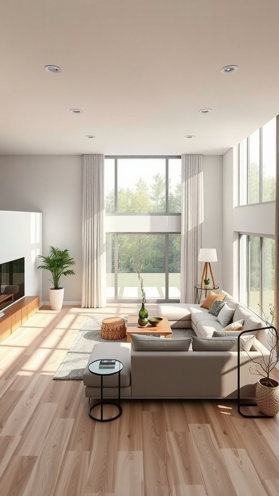 Bright and airy living room with large windows and modern furniture.