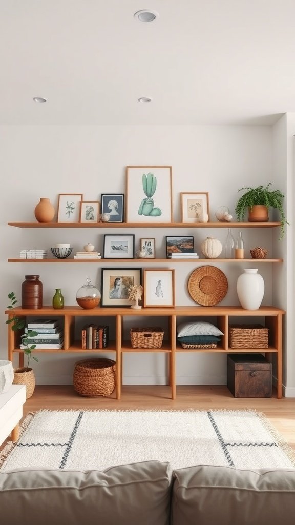 A cozy living room featuring open shelving filled with decorative items and art.