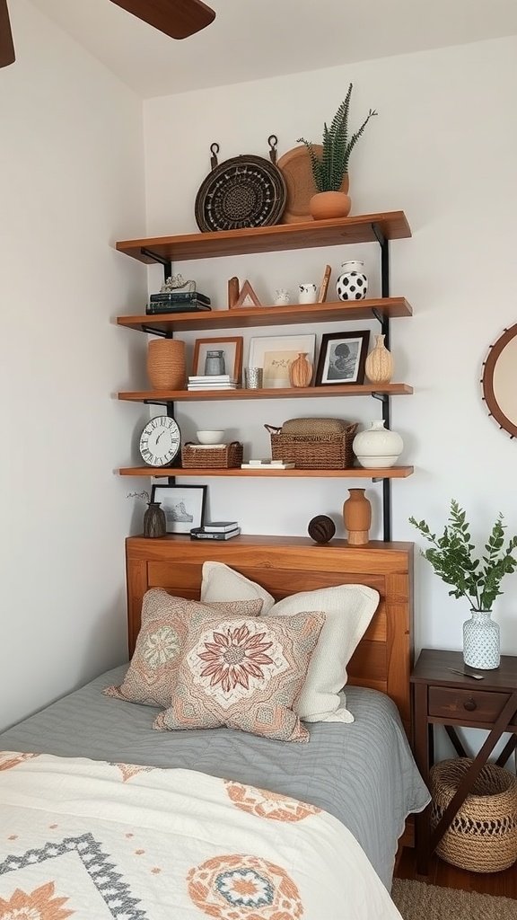 Open shelving displaying decorative items and plants above a bed in a boho bedroom.