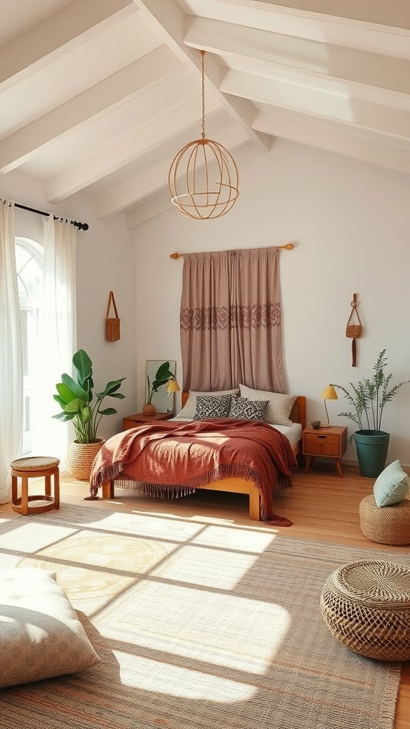 A cozy bohemian bedroom with warm colors, plants, and natural light.