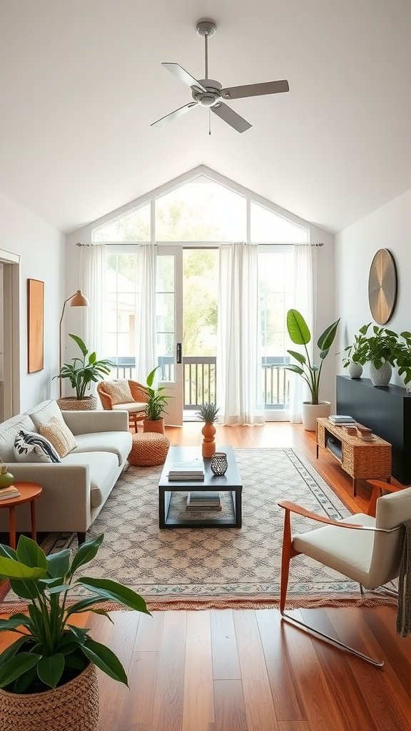 A bright and airy boho living room with large windows, plants, and cozy seating.