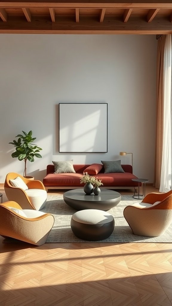 Cozy living room with organic shapes and earthy tones