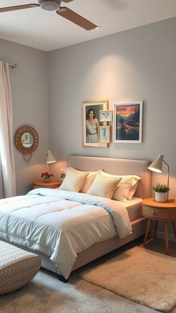 A cozy boho mid-century modern bedroom featuring soft colors, decorative art, and inviting bedding.