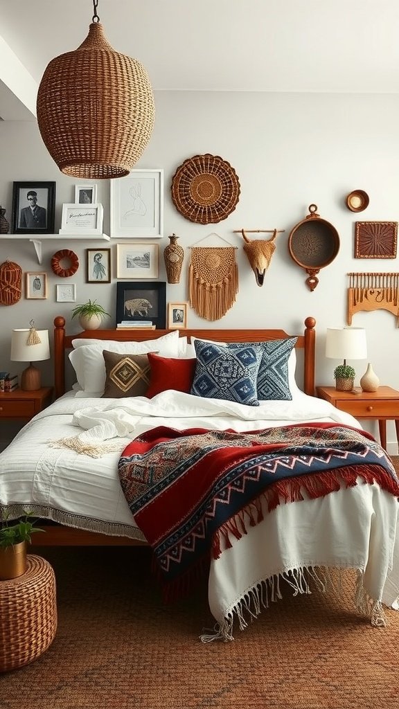 A cozy boho bedroom featuring personalized decor, including woven wall hangings and a colorful blanket.