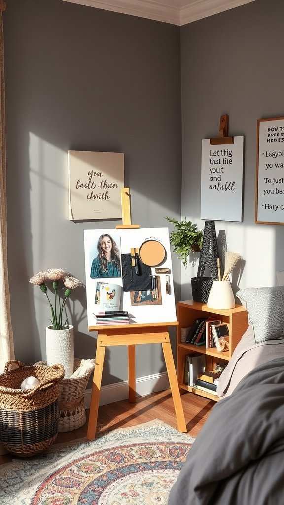 A cozy boho bedroom corner featuring an easel with personal art, framed quotes on the wall, decorative plants, and a stylish rug.